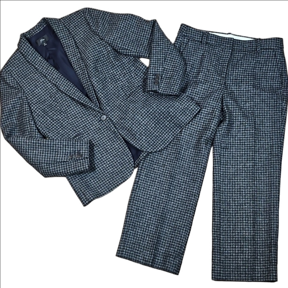 J. Crew 100% Wool Classic Grey Black Houndstooth 2 Piece Blazer & Pant Suit Set